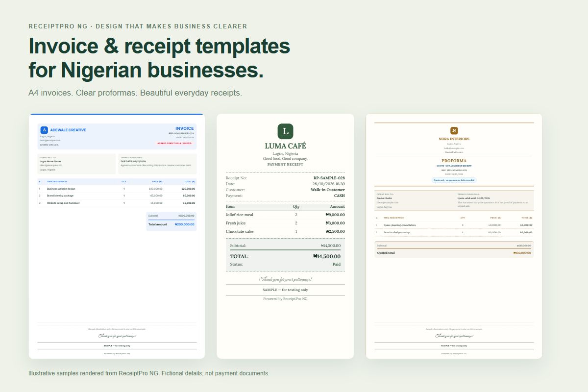 Three fictional ReceiptPro templates: a blue A4 invoice, a green café payment receipt and a gold proforma invoice.